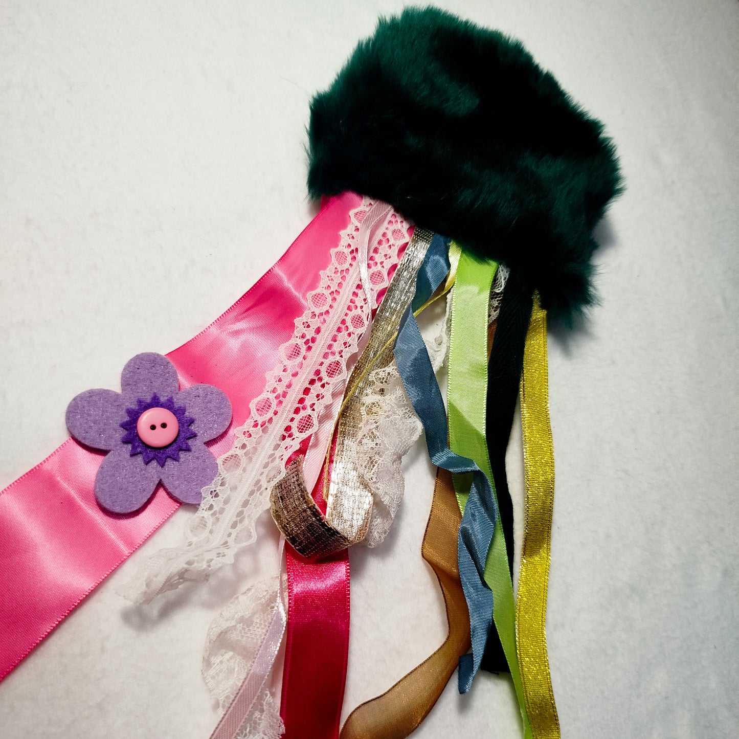Green faux fur octopus charm | Faux fur bag charm, Original handmade bag charm, upcycled ribbons & lace, Unique gift