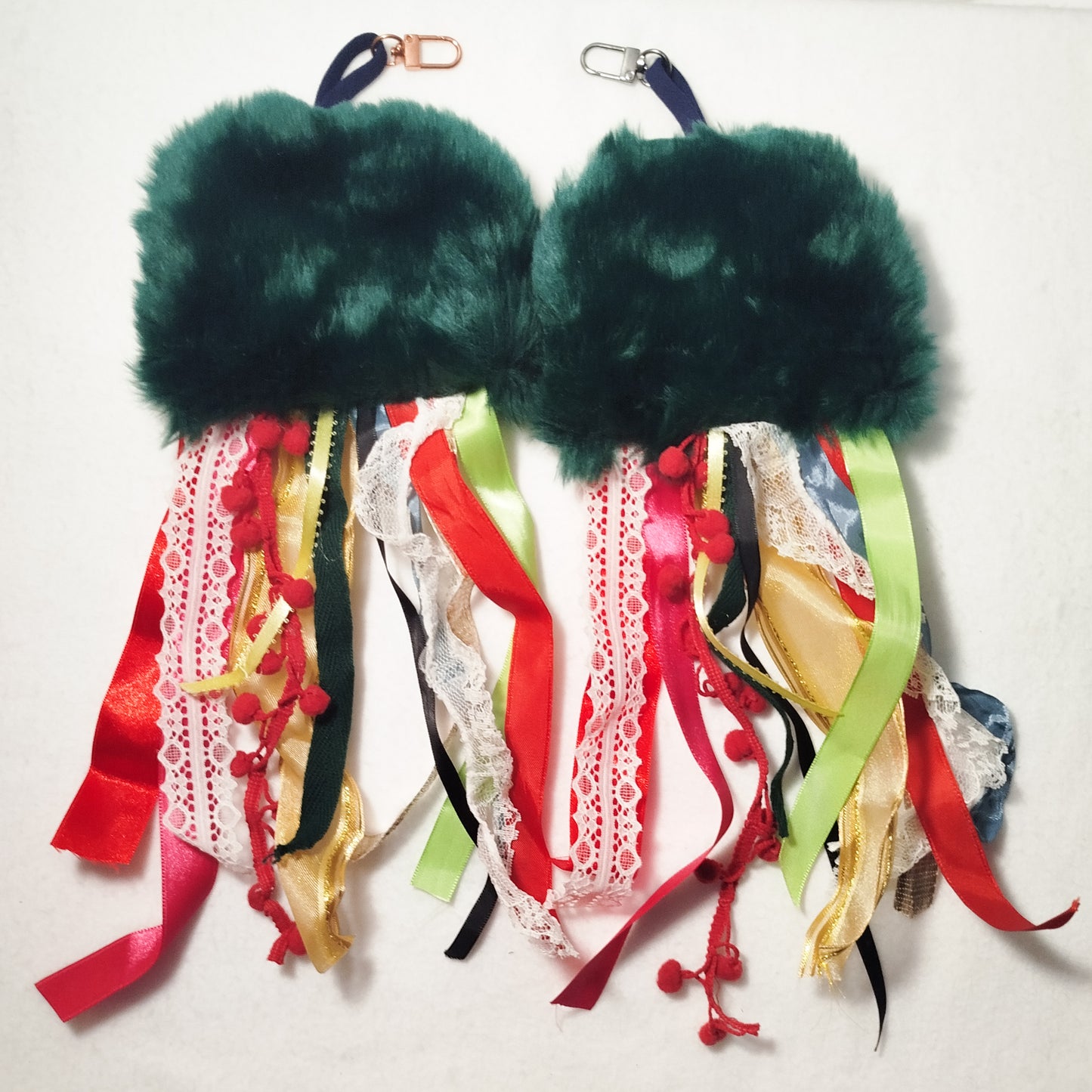 Green faux fur octopus charm, Faux fur bag charm, Original handmade bag charm, Upcycled ribbons & lace, Unique gift