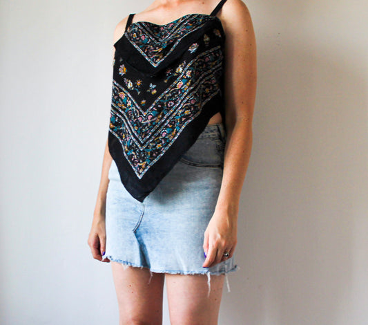 Black Bandana Top | Upcycled Clothing Made in Montreal | Women's Size Large | Layered Handkerchief Top | One of a Kind Handmade Fashion