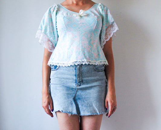 Blue Abstract Lace Top | Upcycled Clothing Made in Montreal | Women's Size Large | One of a Kind Handmade Blouse | Sustainable Fashion