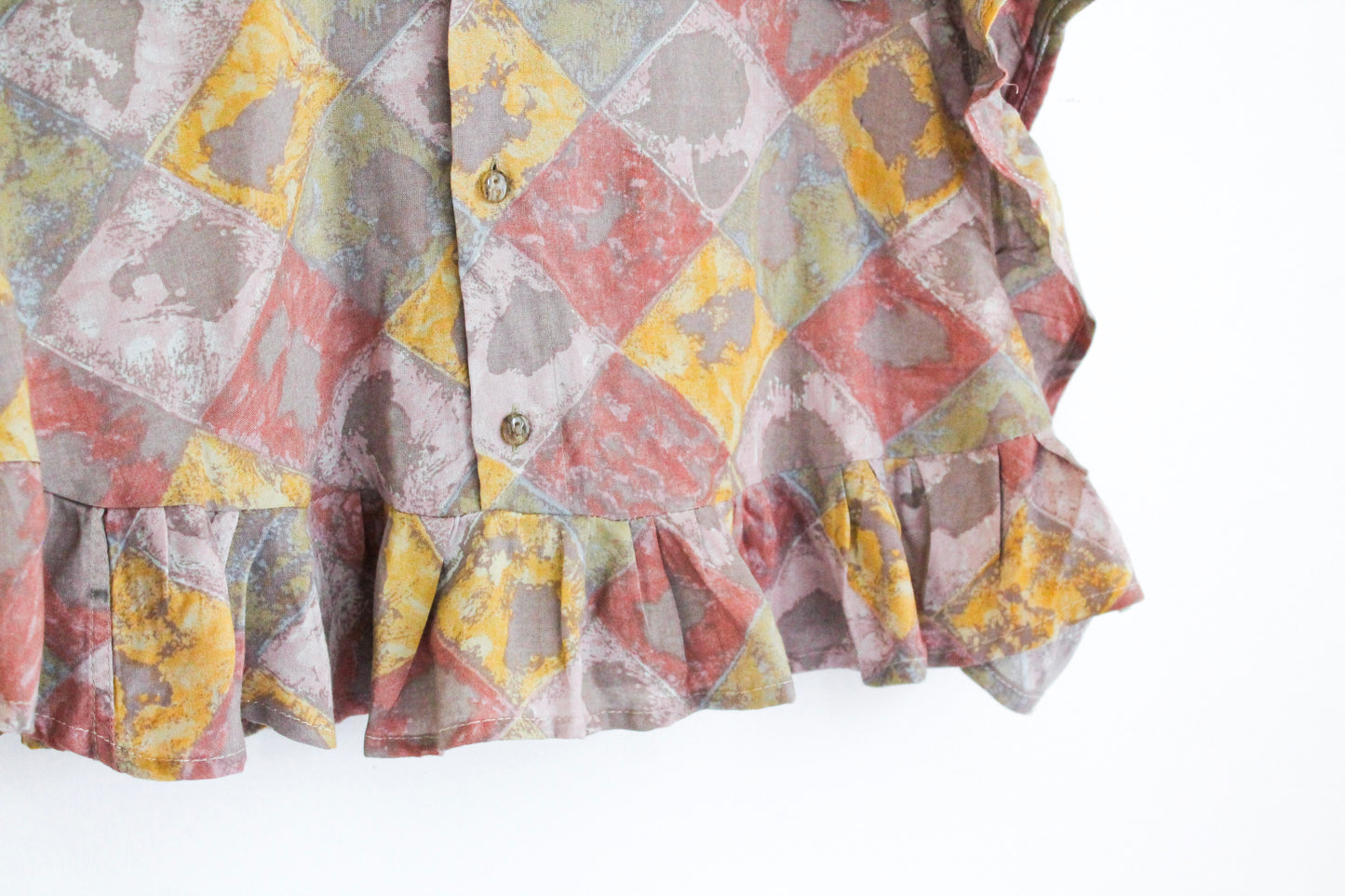 Upcycled Orange Yellow Crop Top | Unique Handmade Ruffle Top | Abstract Print Sustainable Fashion | Made in Montreal