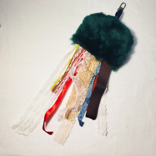 Green faux fur octopus charm | Faux fur bag charm, Original handmade bag charm, upcycled ribbons & lace, Unique gift