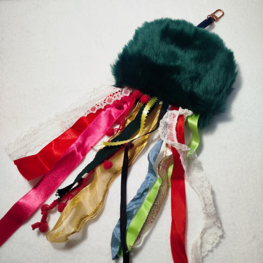 Green faux fur octopus charm, Faux fur bag charm, Original handmade bag charm, Upcycled ribbons & lace, Unique gift