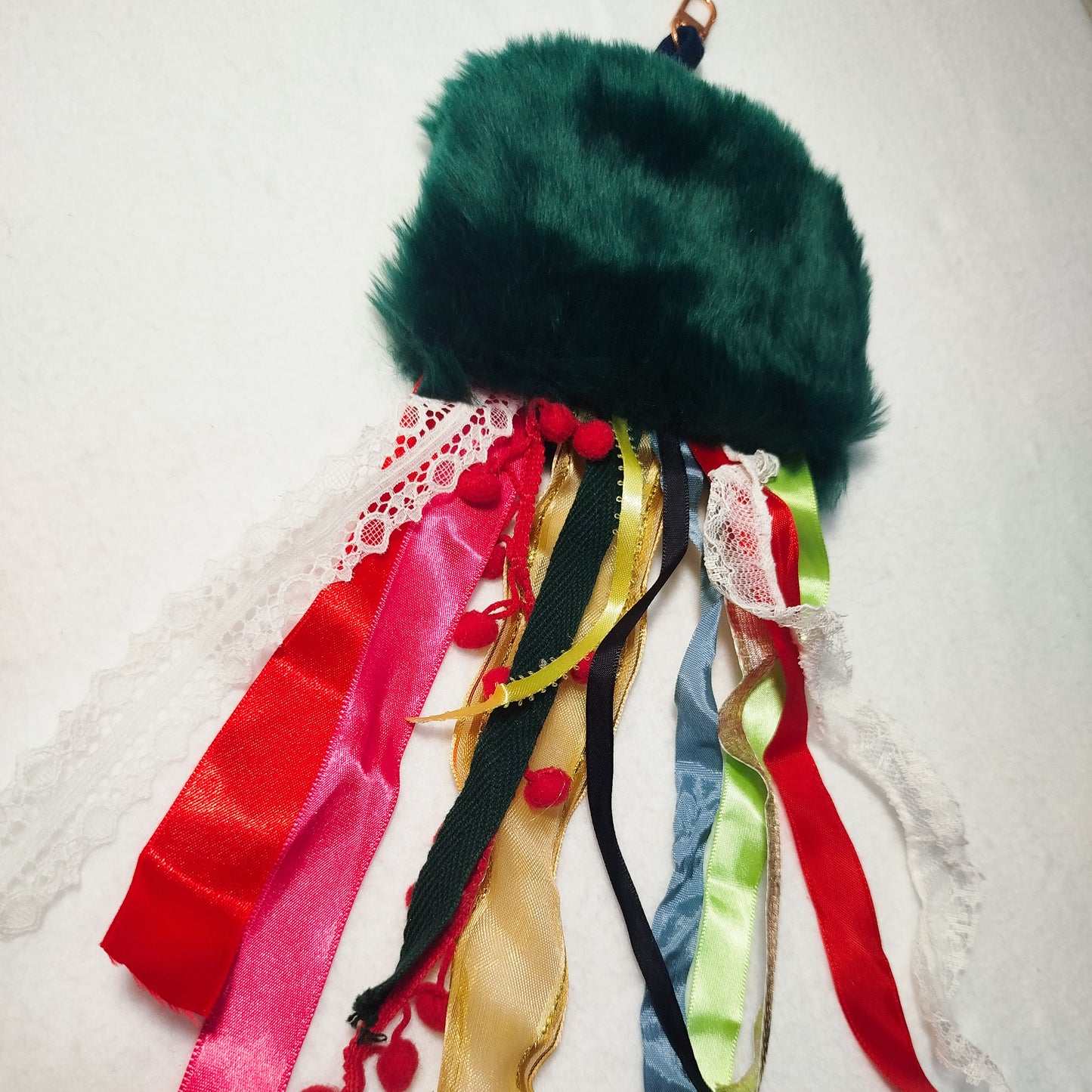 Green faux fur octopus charm, Faux fur bag charm, Original handmade bag charm, Upcycled ribbons & lace, Unique gift