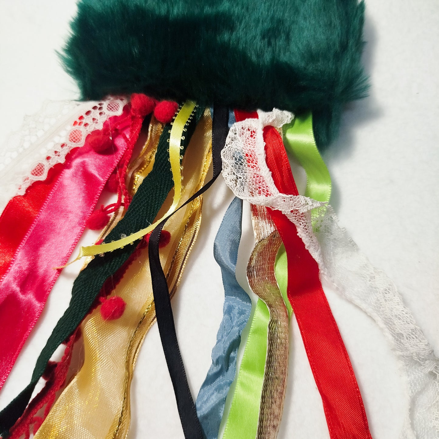 Green faux fur octopus charm, Faux fur bag charm, Original handmade bag charm, Upcycled ribbons & lace, Unique gift