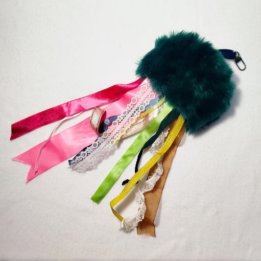 Green faux fur octopus charm | Faux fur bag charm, Original handmade bag charm, upcycled ribbons & lace, Unique gift