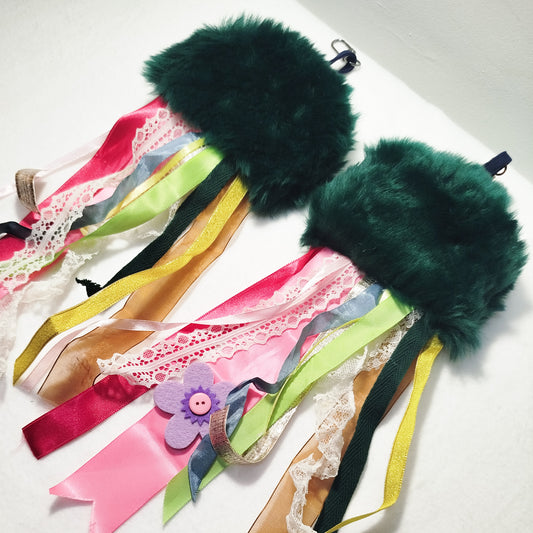 Green faux fur octopus charm | Faux fur bag charm, Original handmade bag charm, upcycled ribbons & lace, Unique gift