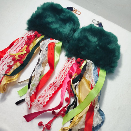 Green faux fur octopus charm, Faux fur bag charm, Original handmade bag charm, Upcycled ribbons & lace, Unique gift