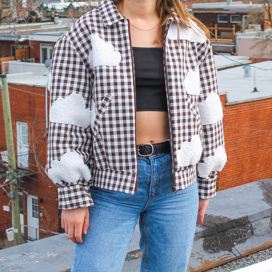 Handmade Jacket from Montreal | One-of-a-kind Artisan Jacket | Ethical Fashion | Nuages Jacket | Appliqués | Upcycling | Checkered Jacket | Size L
