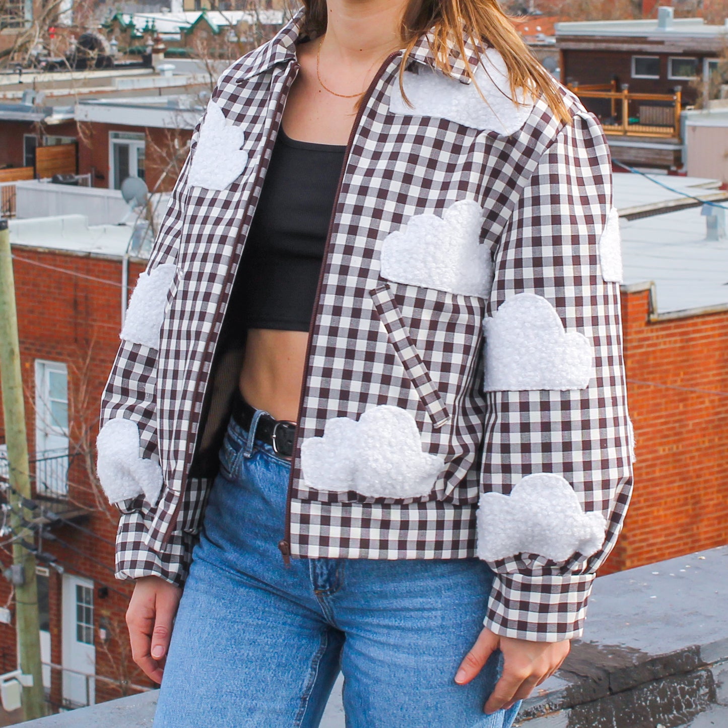 Handmade Jacket from Montreal | One-of-a-kind Artisan Jacket | Ethical Fashion | Nuages Jacket | Appliqués | Upcycling | Checkered Jacket | Size L