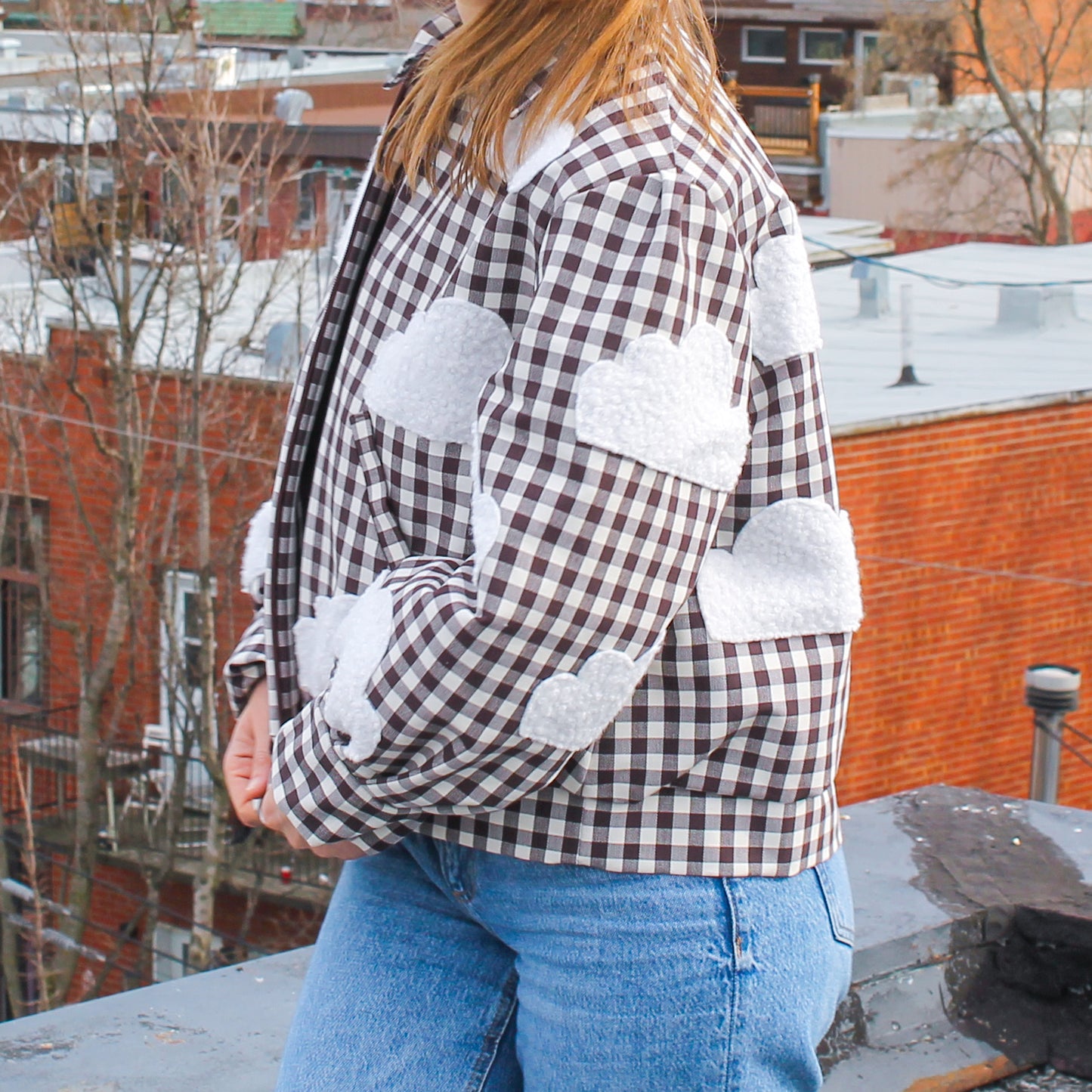 Handmade Jacket from Montreal | One-of-a-kind Artisan Jacket | Ethical Fashion | Nuages Jacket | Appliqués | Upcycling | Checkered Jacket | Size L