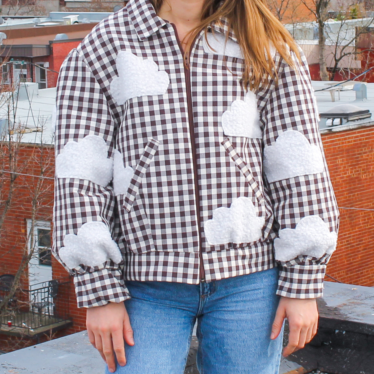 Handmade Jacket from Montreal | One-of-a-kind Artisan Jacket | Ethical Fashion | Nuages Jacket | Appliqués | Upcycling | Checkered Jacket | Size L