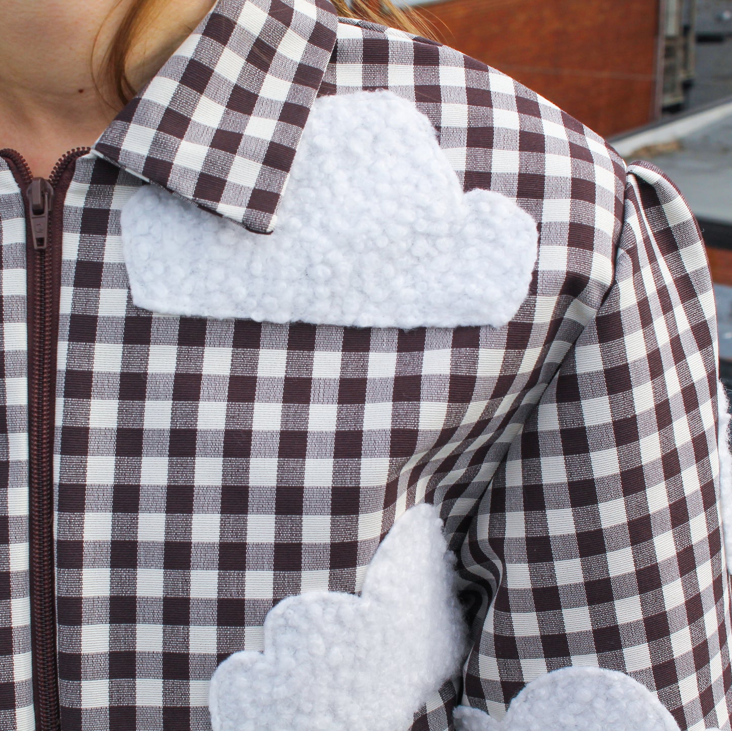 Handmade Jacket from Montreal | One-of-a-kind Artisan Jacket | Ethical Fashion | Nuages Jacket | Appliqués | Upcycling | Checkered Jacket | Size L