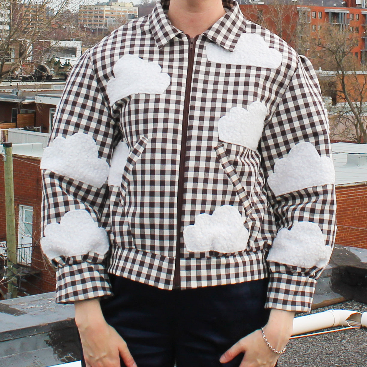 Handmade Jacket from Montreal | One-of-a-kind Artisan Jacket | Ethical Fashion | Nuages Jacket | Appliqués | Upcycling | Checkered Jacket | Size L