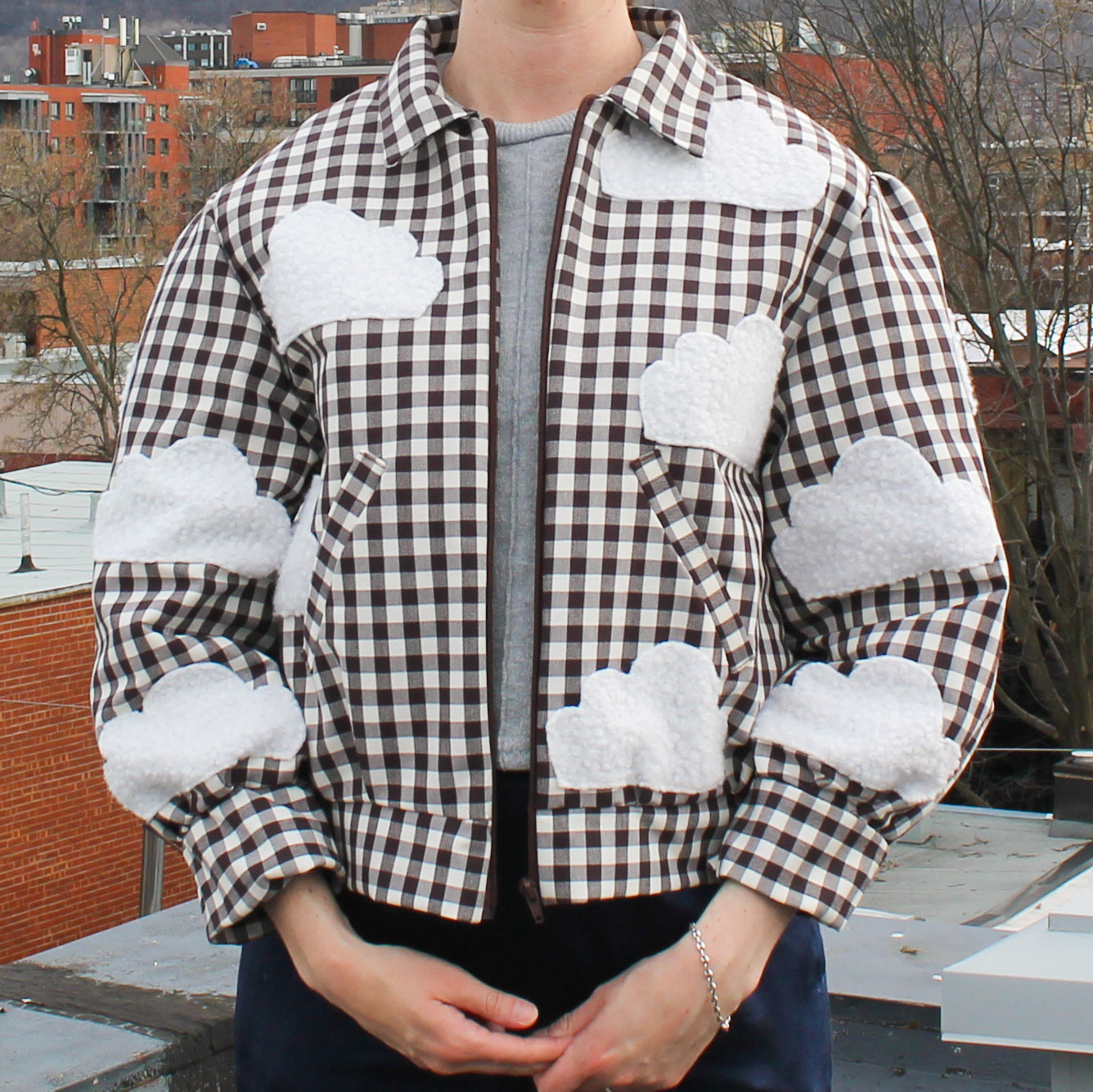 Handmade Jacket from Montreal | One-of-a-kind Artisan Jacket | Ethical Fashion | Nuages Jacket | Appliqués | Upcycling | Checkered Jacket | Size L