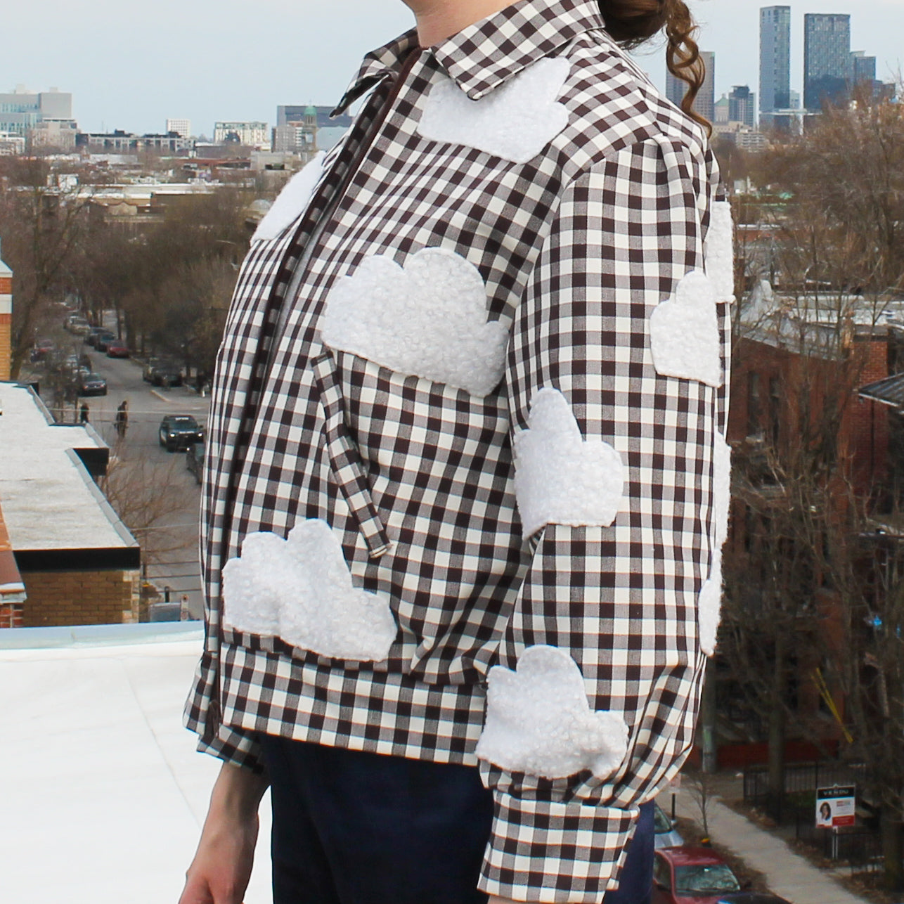 Handmade Jacket from Montreal | One-of-a-kind Artisan Jacket | Ethical Fashion | Nuages Jacket | Appliqués | Upcycling | Checkered Jacket | Size L
