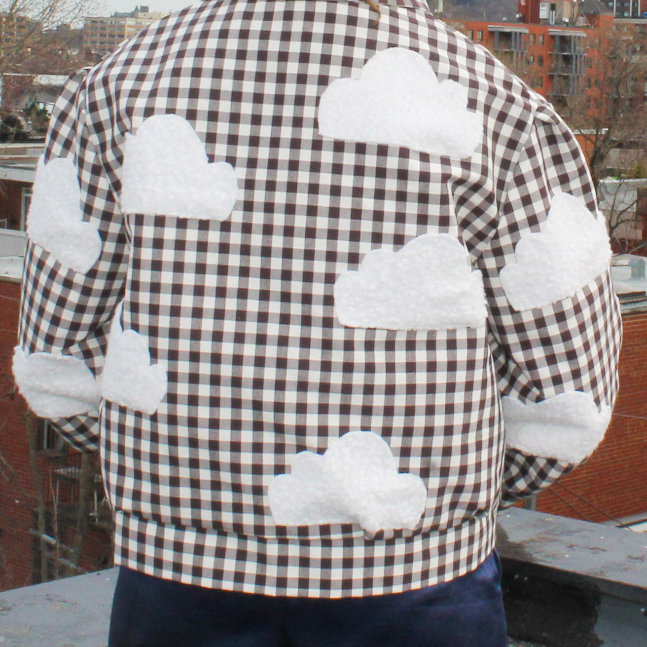 Handmade Jacket from Montreal | One-of-a-kind Artisan Jacket | Ethical Fashion | Nuages Jacket | Appliqués | Upcycling | Checkered Jacket | Size L