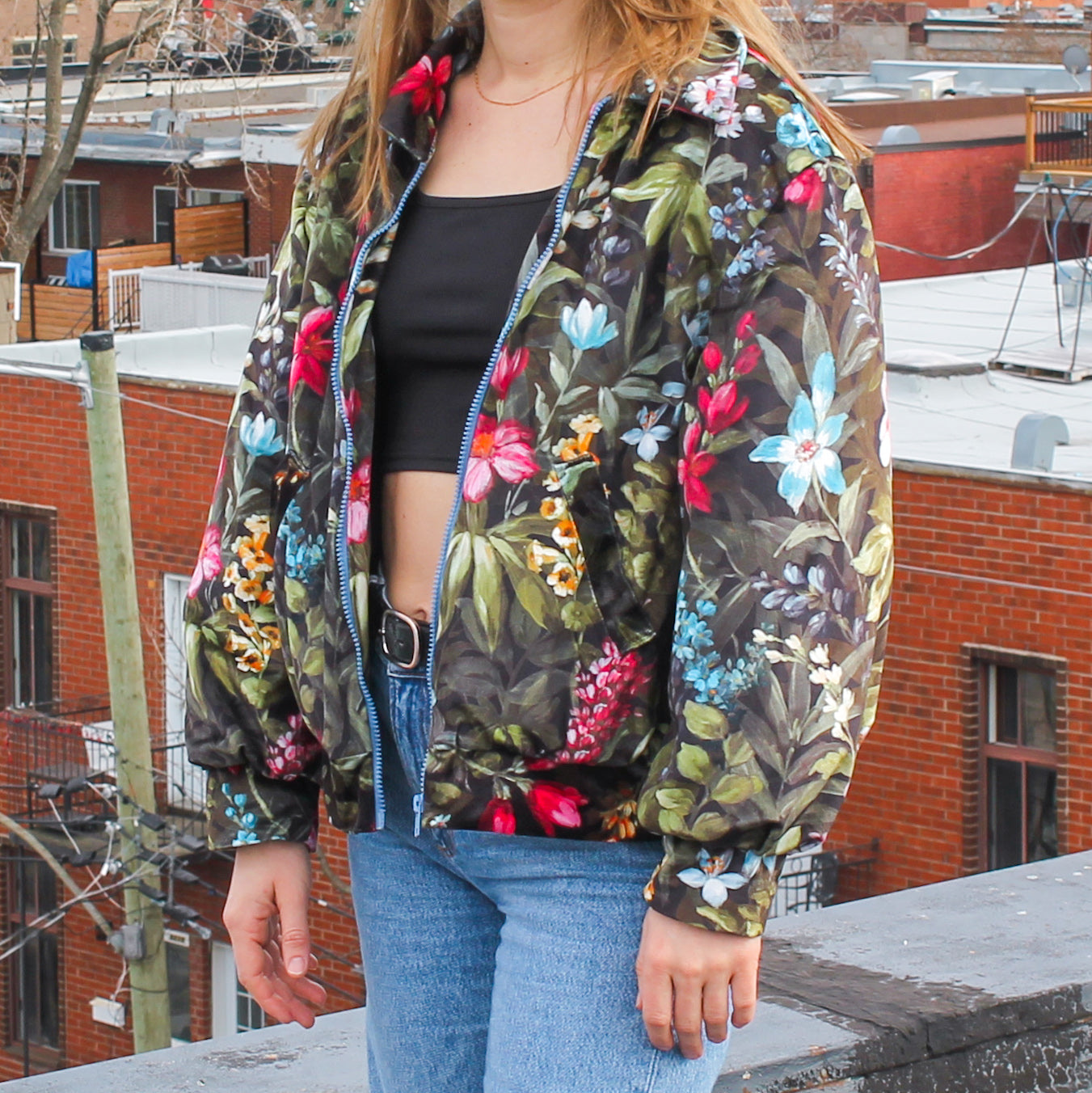 Handmade jacket from Montreal | One-of-a-kind artisanal jacket | Local ethical fashion | Upcycling | Velvet bomber jacket | Floral bomber jacket | Size L