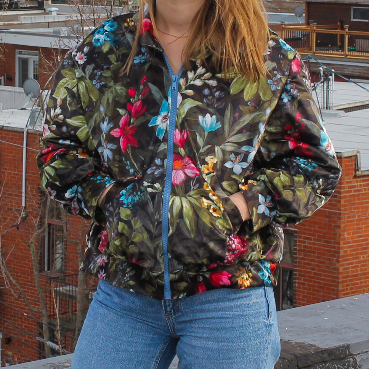 Handmade jacket from Montreal | One-of-a-kind artisanal jacket | Local ethical fashion | Upcycling | Velvet bomber jacket | Floral bomber jacket | Size L