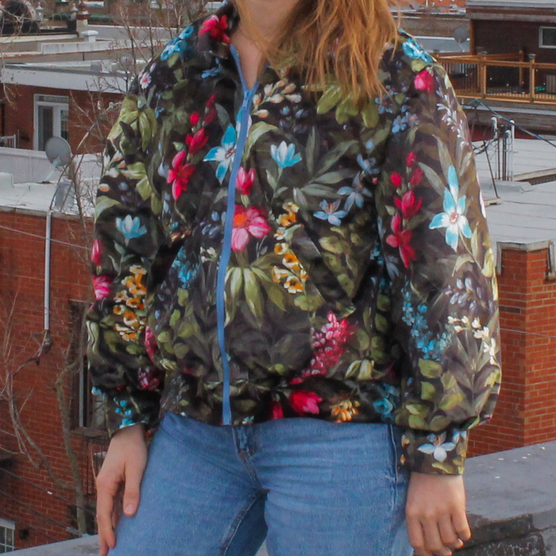 Handmade jacket from Montreal | One-of-a-kind artisanal jacket | Local ethical fashion | Upcycling | Velvet bomber jacket | Floral bomber jacket | Size L
