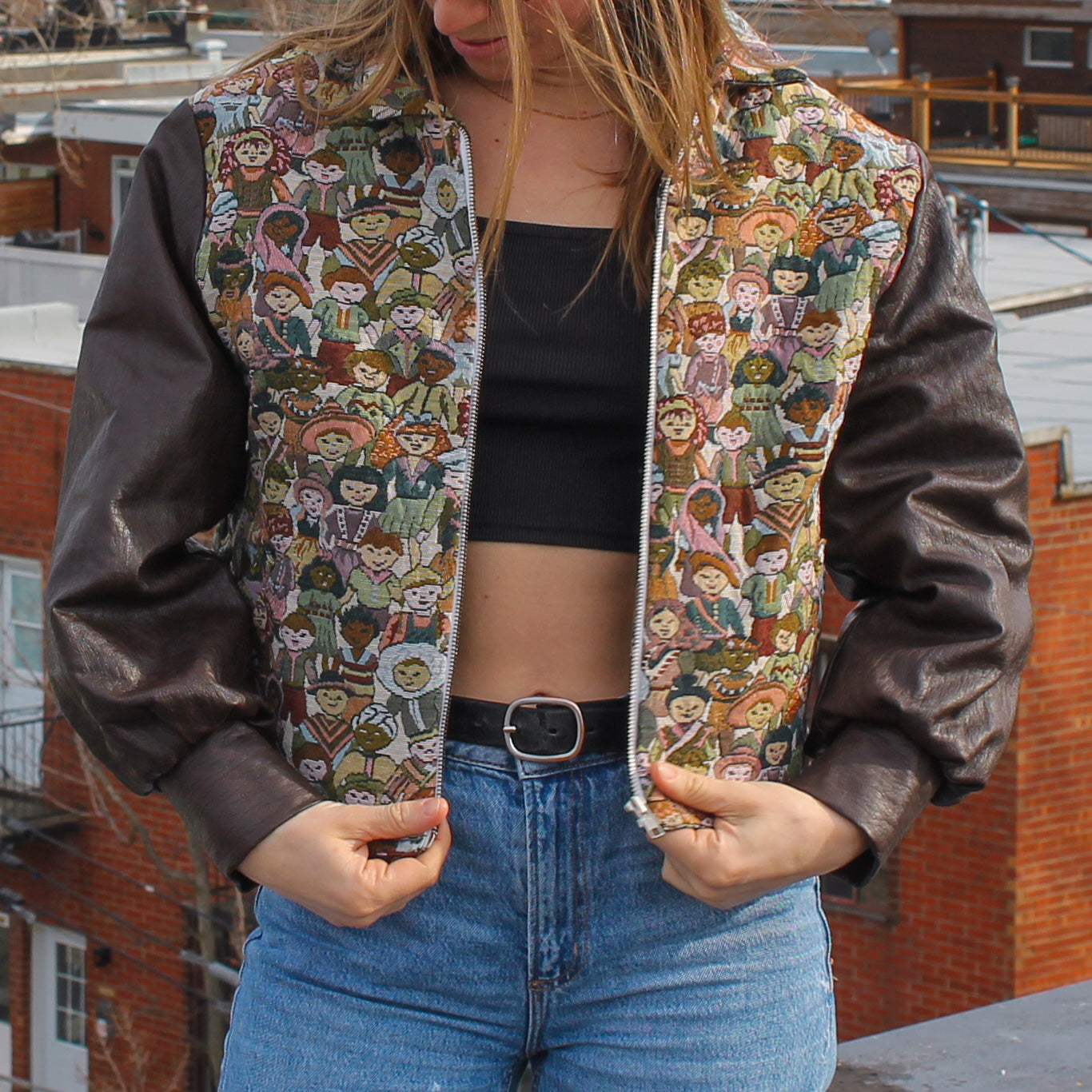 Handmade jacket from Montreal | One-of-a-kind artisanal jacket | Local ethical fashion | Original piece | Brown leather jacket | Upcycling