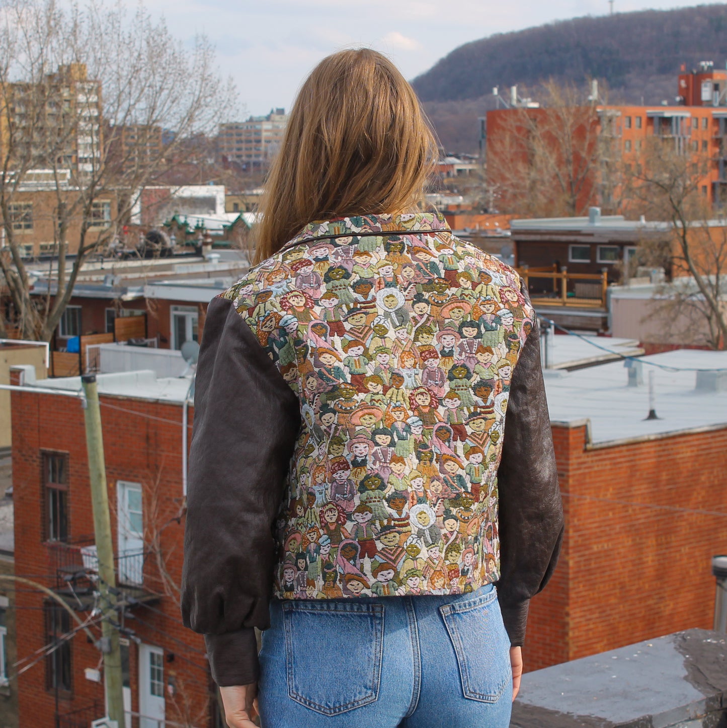 Handmade jacket from Montreal | One-of-a-kind artisanal jacket | Local ethical fashion | Original piece | Brown leather jacket | Upcycling