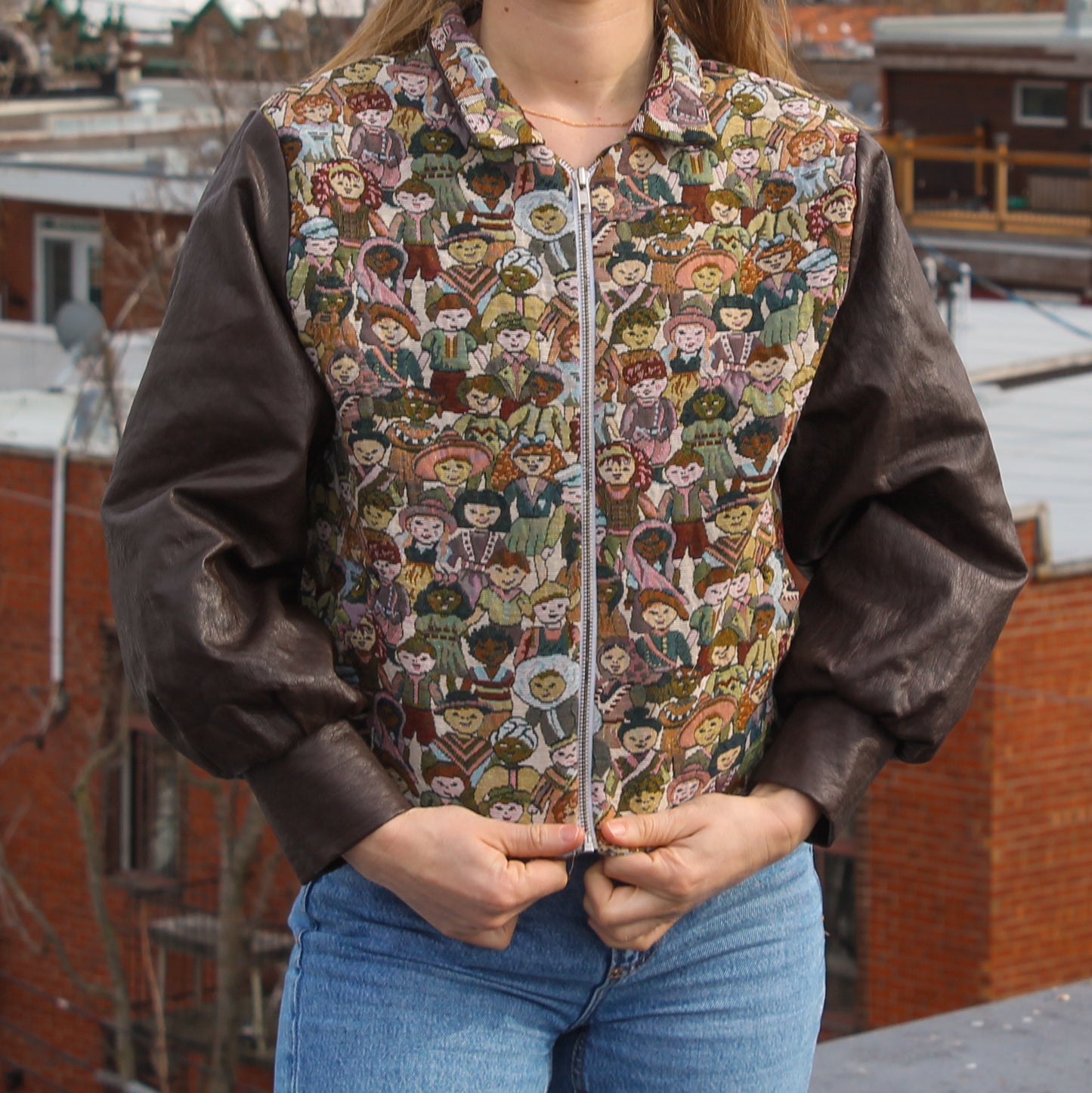 Handmade jacket from Montreal | One-of-a-kind artisanal jacket | Local ethical fashion | Original piece | Brown leather jacket | Upcycling