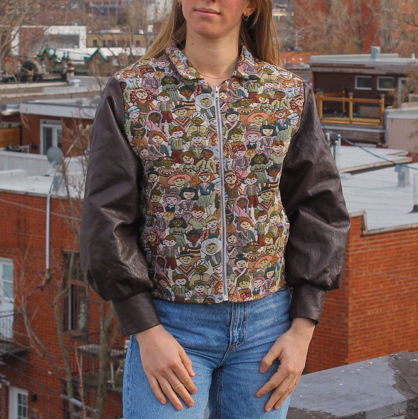 Handmade jacket from Montreal | One-of-a-kind artisanal jacket | Local ethical fashion | Original piece | Brown leather jacket | Upcycling