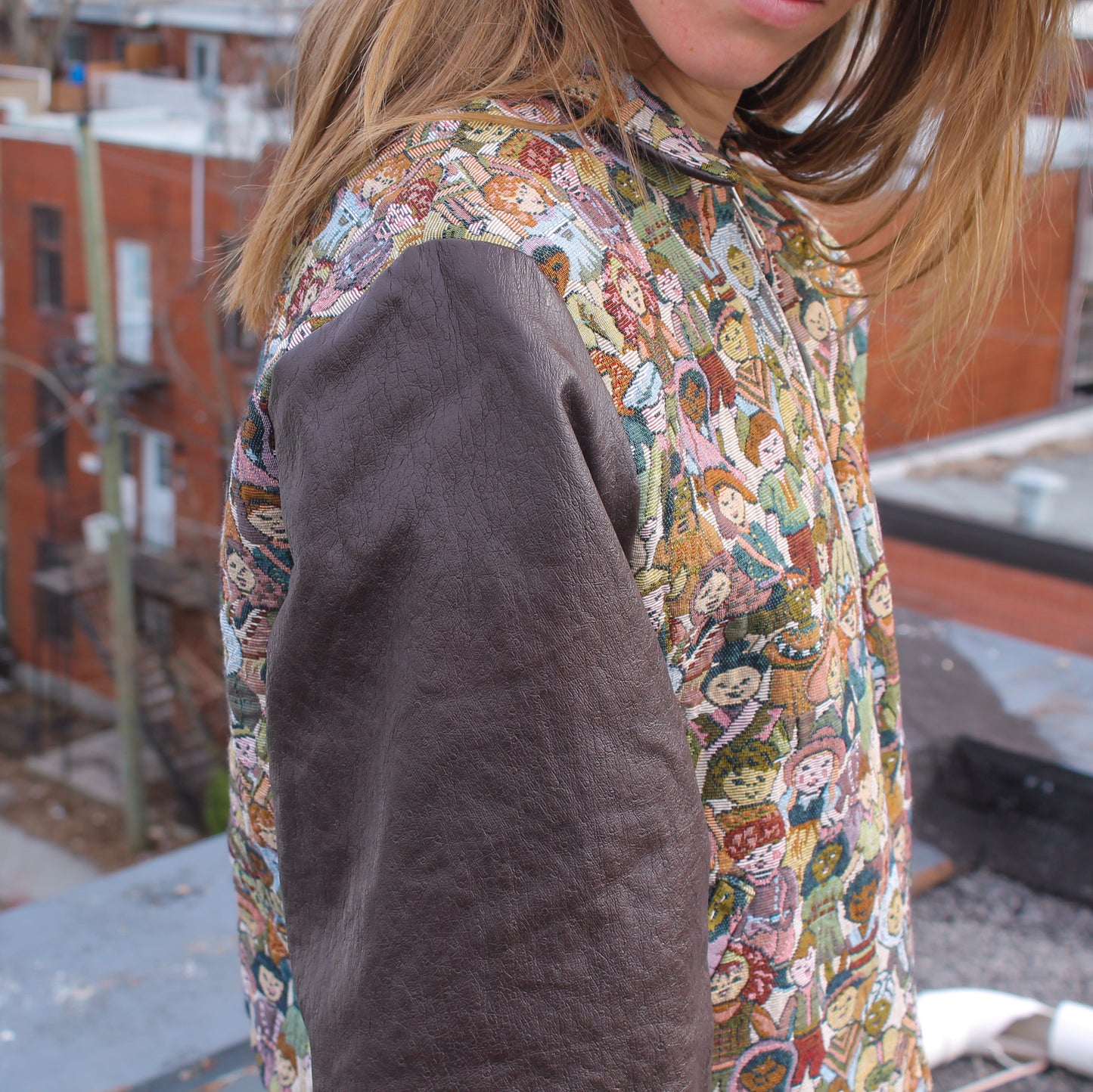 Handmade jacket from Montreal | One-of-a-kind artisanal jacket | Local ethical fashion | Original piece | Brown leather jacket | Upcycling