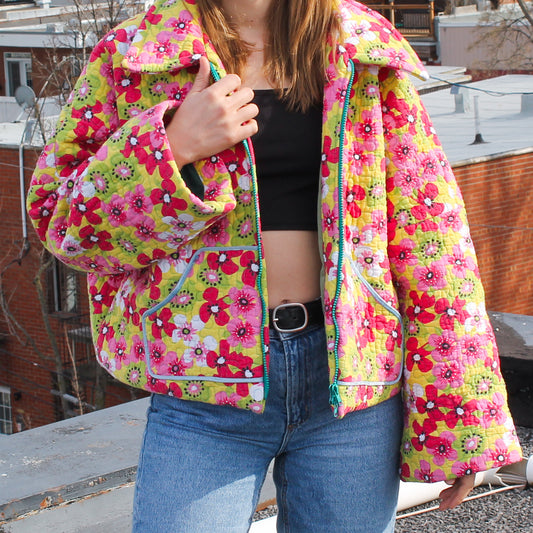 Veste fait main Montréal | Veste artisanale unique | Mode éthique locale | Pièce originale | Veste quilt | Upcycling | Veste fleurs