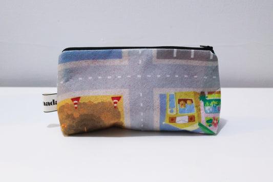 Handmade fabric pencil case with road map design | Fun children's pencil case | Unique city and car design | Green pencil case | Map design | Road design