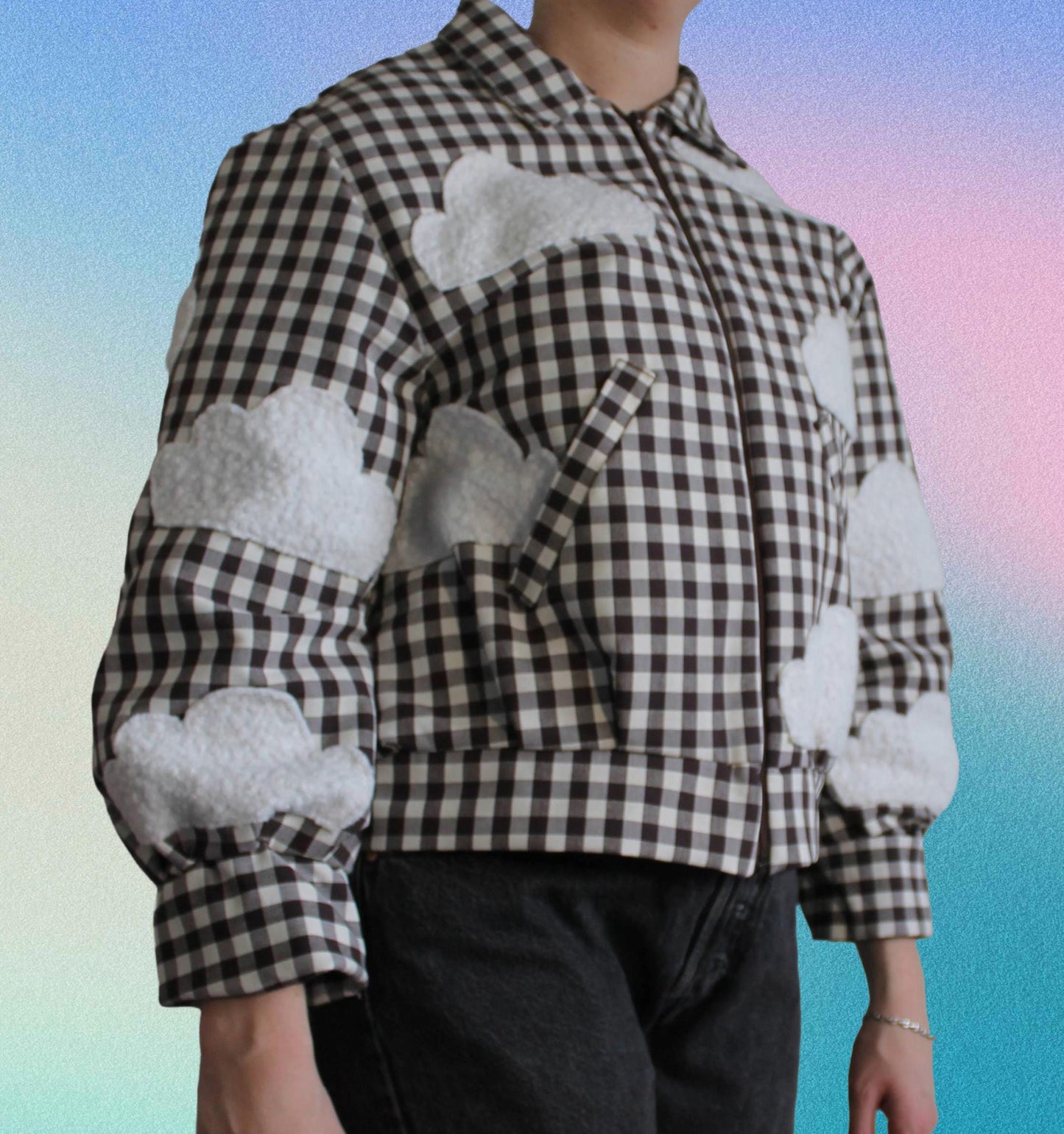 Handmade Jacket from Montreal | One-of-a-kind Artisan Jacket | Ethical Fashion | Nuages Jacket | Appliqués | Upcycling | Checkered Jacket | Size L