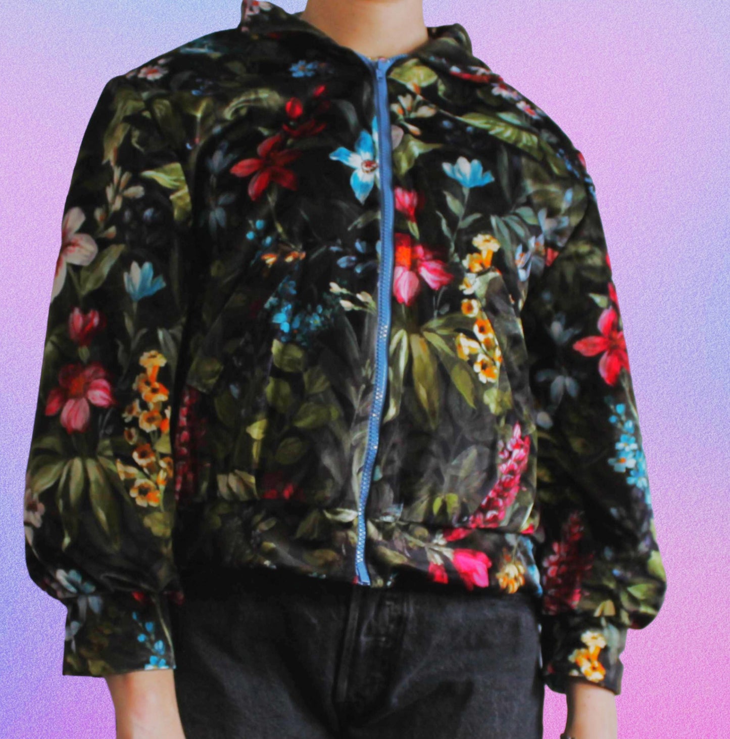 Handmade jacket from Montreal | One-of-a-kind artisanal jacket | Local ethical fashion | Upcycling | Velvet bomber jacket | Floral bomber jacket | Size L