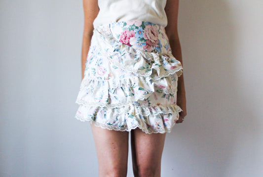 Romantic Floral Ruffle Skirt | Upcycled Fashion Made in Montreal | Women's Size Large | Cottagecore Lace Skirt | One of a Kind