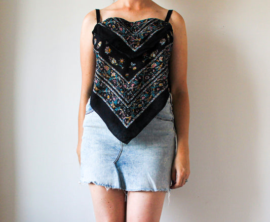 Black Bandana Top | Upcycled Clothing Made in Montreal | Women's Size Large | Layered Handkerchief Top | One of a Kind Handmade Fashion