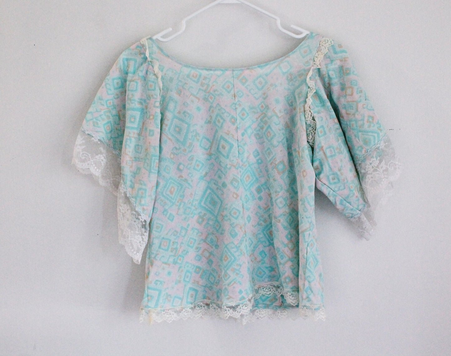 Blue Abstract Lace Top | Upcycled Clothing Made in Montreal | Women's Size Large | One of a Kind Handmade Blouse | Sustainable Fashion