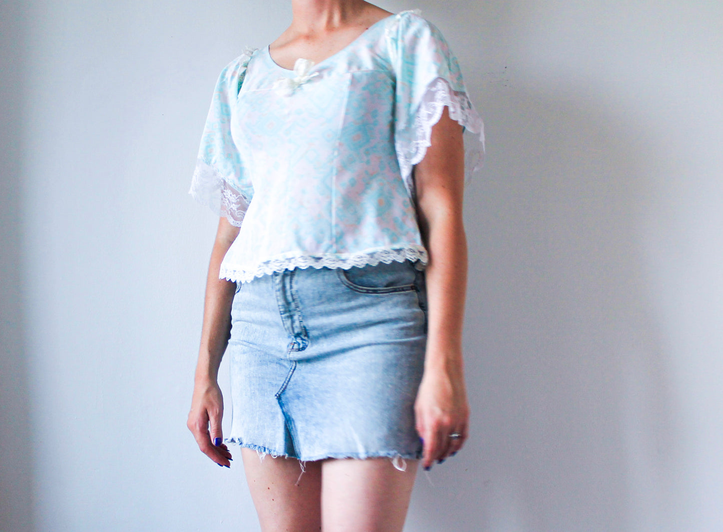 Blue Abstract Lace Top | Upcycled Clothing Made in Montreal | Women's Size Large | One of a Kind Handmade Blouse | Sustainable Fashion