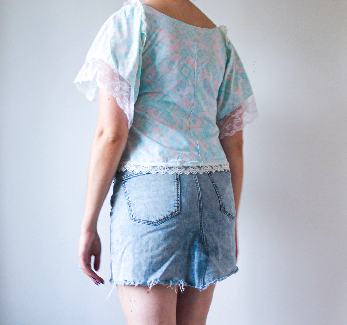 Blue Abstract Lace Top | Upcycled Clothing Made in Montreal | Women's Size Large | One of a Kind Handmade Blouse | Sustainable Fashion