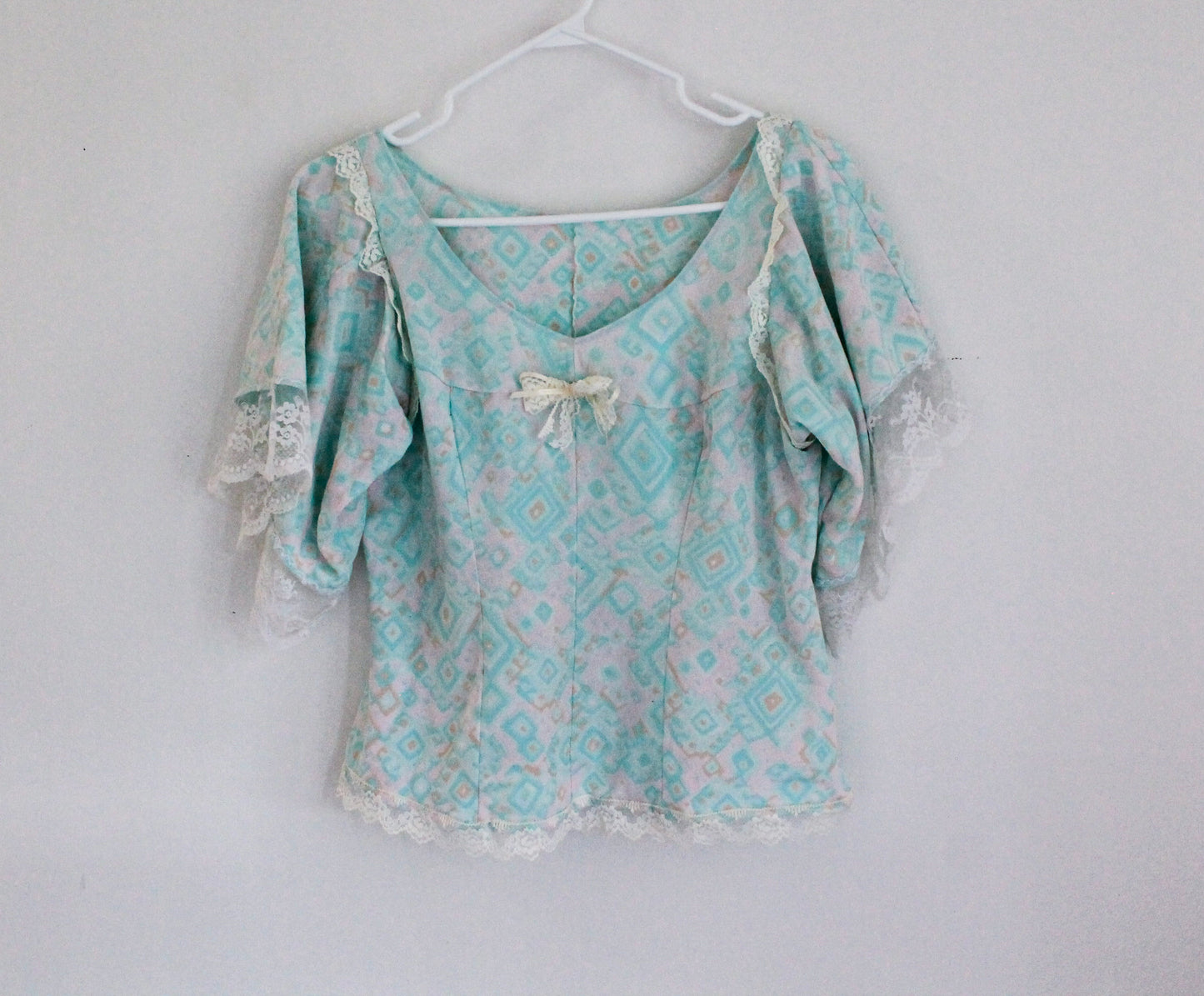 Blue Abstract Lace Top | Upcycled Clothing Made in Montreal | Women's Size Large | One of a Kind Handmade Blouse | Sustainable Fashion