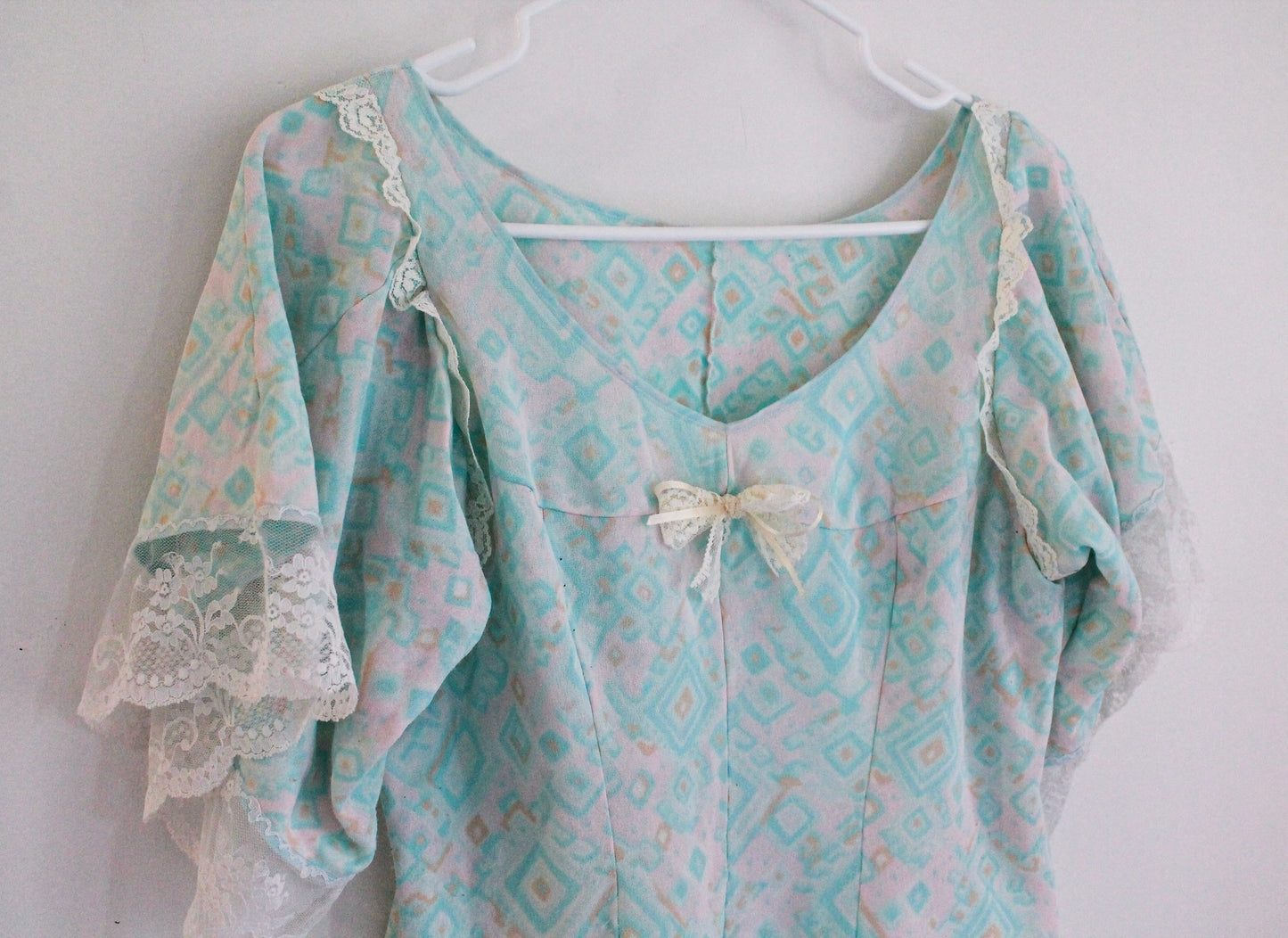 Blue Abstract Lace Top | Upcycled Clothing Made in Montreal | Women's Size Large | One of a Kind Handmade Blouse | Sustainable Fashion