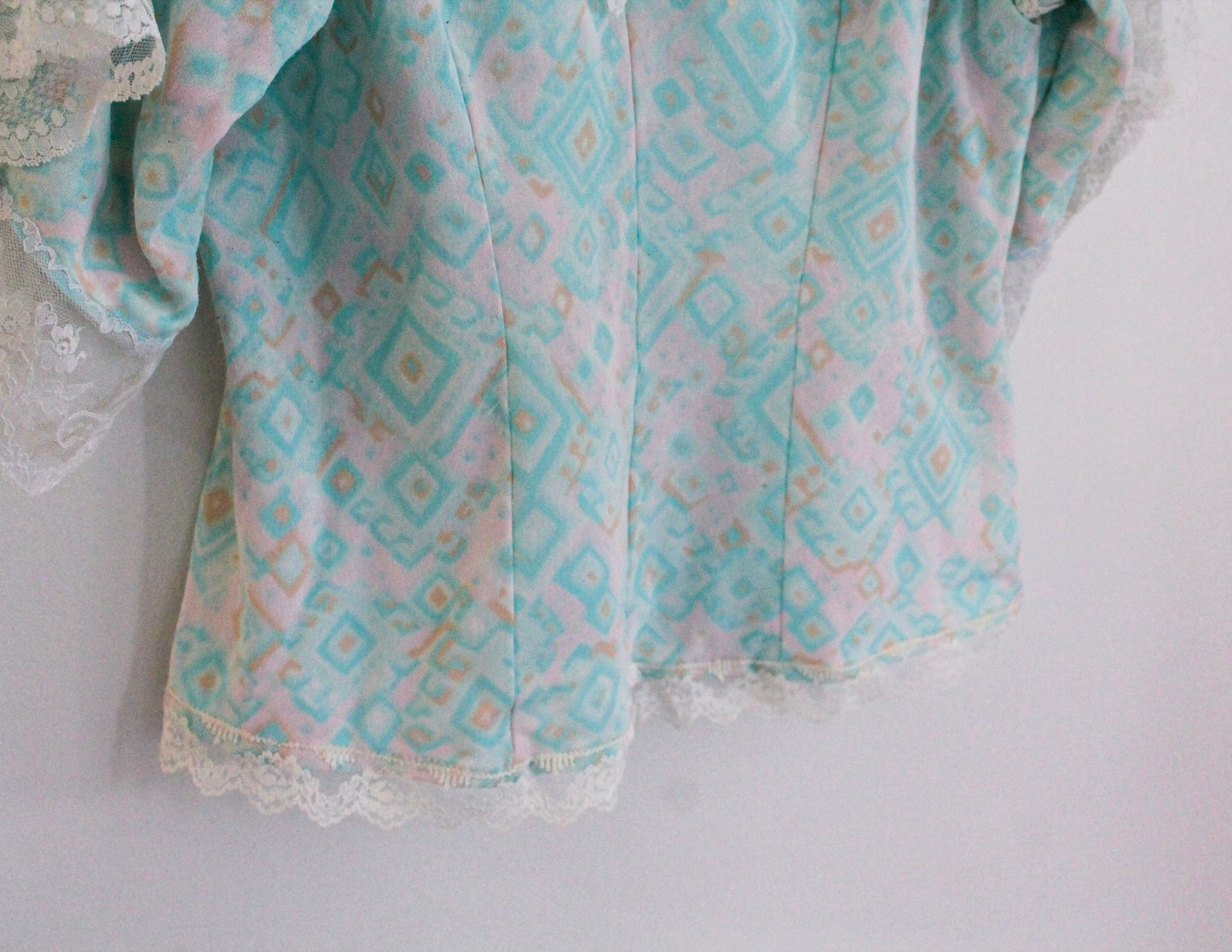 Blue Abstract Lace Top | Upcycled Clothing Made in Montreal | Women's Size Large | One of a Kind Handmade Blouse | Sustainable Fashion
