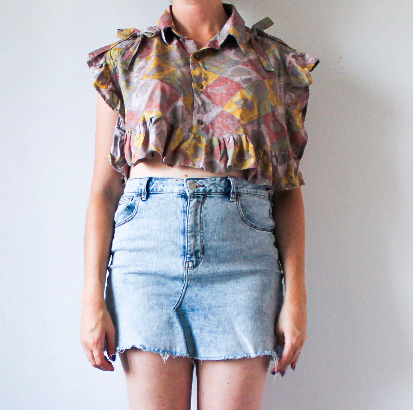Upcycled Orange Yellow Crop Top | Unique Handmade Ruffle Top | Abstract Print Sustainable Fashion | Made in Montreal