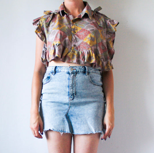 Upcycled Orange Yellow Crop Top | Unique Handmade Ruffle Top | Abstract Print Sustainable Fashion | Made in Montreal