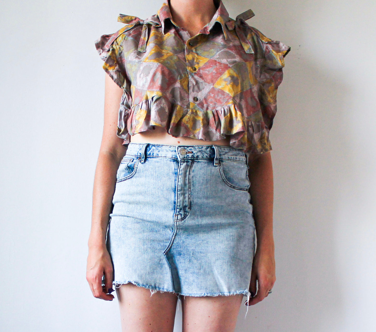 Upcycled Orange Yellow Crop Top | Unique Handmade Ruffle Top | Abstract Print Sustainable Fashion | Made in Montreal
