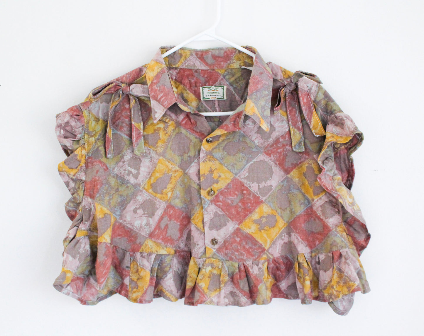 Upcycled Orange Yellow Crop Top | Unique Handmade Ruffle Top | Abstract Print Sustainable Fashion | Made in Montreal